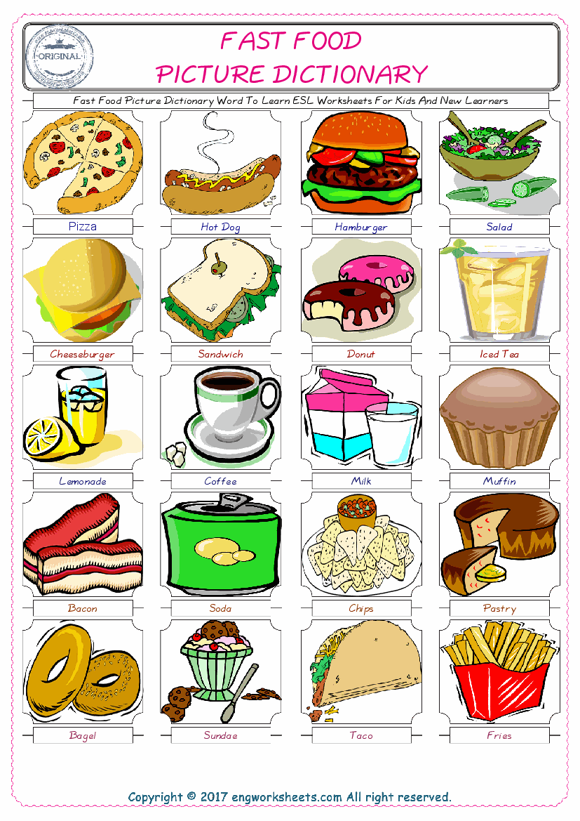  Fast Food English Worksheet for Kids ESL Printable Picture Dictionary 